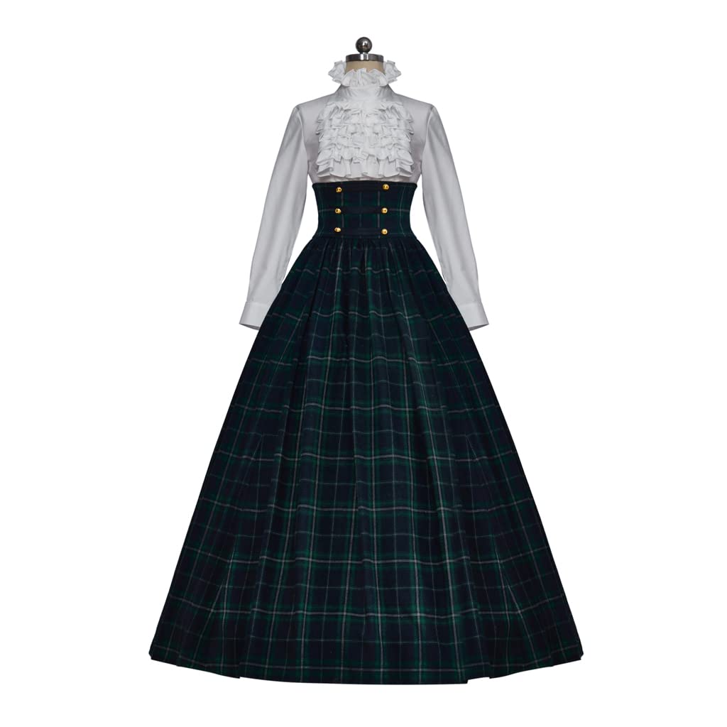 iSHOWcos Victorian Dickens Christmas Caroler Caroling Cosplay Green Plaid Dress Civil War Pioneer Women Dress - Image 5